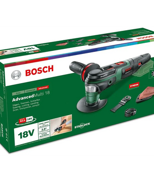 Wir stellen vor: das Bosch AdvancedMulti 18 Akku-Multifunktionswerkzeug – grün von Bosch, komplett mit Werkzeugkoffer und wichtigem Zubehör zum Sägen, Schneiden und Schleifen. Dieses kabellose Multifunktionswerkzeug bietet maximale Flexibilität und Komfort für alle Ihre Heimwerkerprojekte.