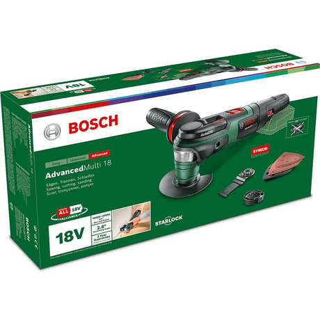 Wir stellen vor: das Bosch AdvancedMulti 18 Akku-Multifunktionswerkzeug – grün von Bosch, komplett mit Werkzeugkoffer und wichtigem Zubehör zum Sägen, Schneiden und Schleifen. Dieses kabellose Multifunktionswerkzeug bietet maximale Flexibilität und Komfort für alle Ihre Heimwerkerprojekte.