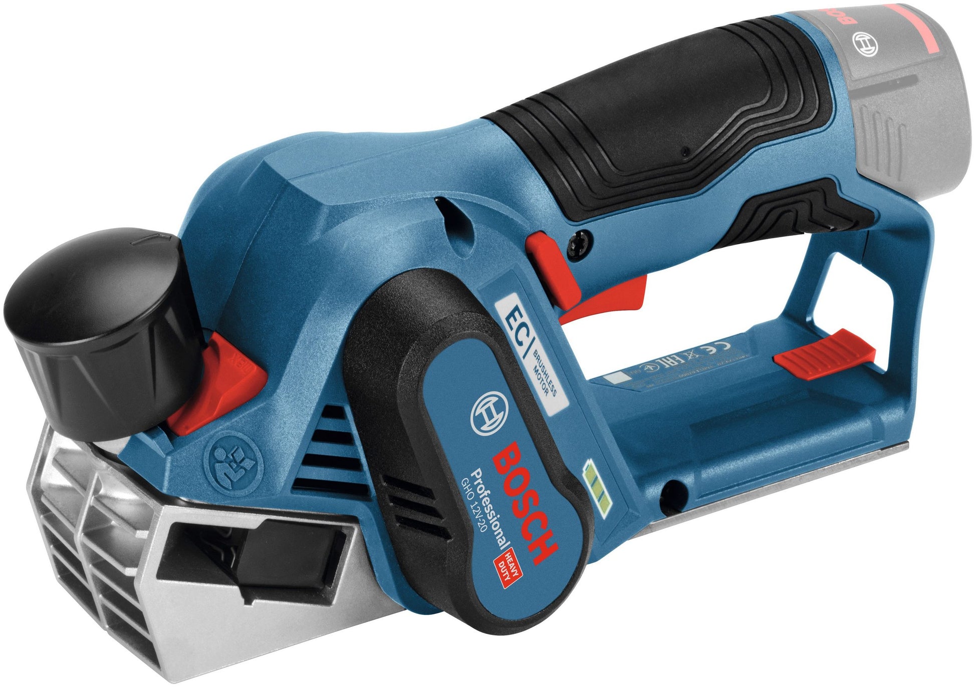 Der Bosch GHO 12V-20 Akku-Elektrohobel von Bosch ist ein kompakter, kabelloser Elektrohobel in Blau mit einem schwarzen Griff und roten Akzenten für eine bequeme Handhabung.