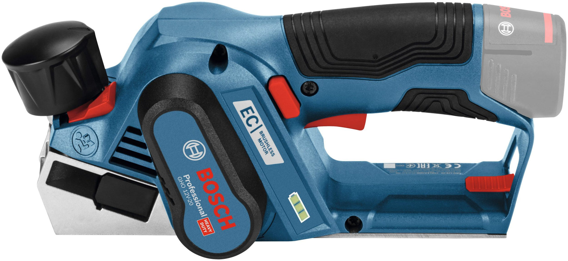 Der Akku-Elektrohobel GHO 12V-20 von Bosch Professional ist kompakt, verfügt über ein blaues Gehäuse, einen schwarzen Griff und rote Akzente und ist hier in der Seitenansicht abgebildet.