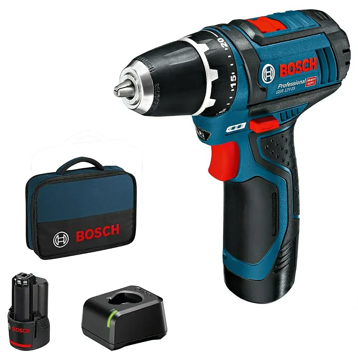 Der Bosch Professional GSR 12V-15 Akku-Bohrschrauber - blau von Bosch bietet mit Koffer, Akku und Ladegerät alles, was Sie zum effizienten Bohren brauchen. Dieses kompakte Werkzeug wird vor einem sauberen weißen Hintergrund gezeigt.