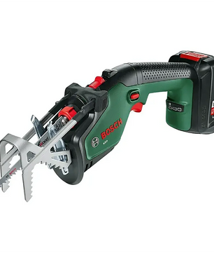 Die Bosch KEO 18 (mit Akku und Ladegerät) Akku-Astsäge in Grün bietet kabellose 18-V-Leistung für effizientes Arbeiten im Garten und verfügt über einen ergonomischen schwarzen Griff sowie einen Sägebügel aus Metall.