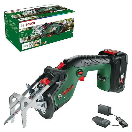 Bosch KEO 18 Akku-Astsäge (grün) mit Akku, Ladegerät und Originalverpackung – kabellose Säge von Bosch, ideal für Gartenarbeiten.