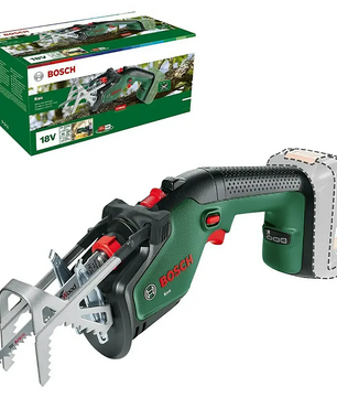 Die Bosch KEO 18 Akku Astsäge in grün von Bosch, hier ohne 18V-Akku, wird mit Verpackung geliefert und ist ideal für den Baumschnitt und das Schneiden von Ästen.