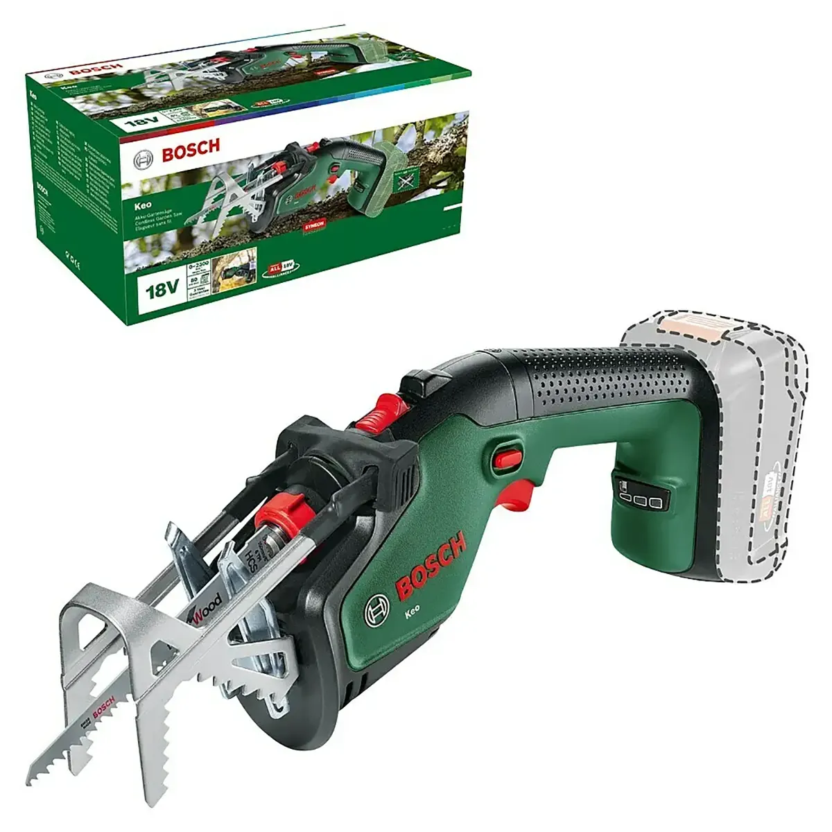 Die Bosch KEO 18 Akku Astsäge in grün von Bosch, hier ohne 18V-Akku, wird mit Verpackung geliefert und ist ideal für den Baumschnitt und das Schneiden von Ästen.