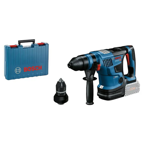 Der Bosch Professional GBH 18V-34 Solo Akku-Bohrhammer in Blau ist mit der BITURBO Brushless Technologie ausgestattet, die für hervorragende Leistung sorgt. Inklusive Griff, zusätzlichem Bohrfutter, ProCORE18V-Akku und Transportkoffer, alles auf weißem Hintergrund.