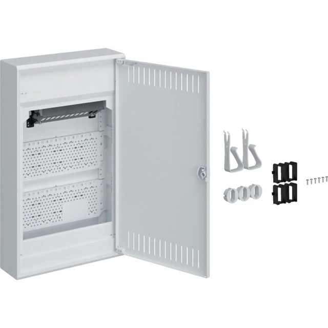 Ein weißer Hager Volta VA36NW Multimedia-Kommunikationsverteiler, ein Wand-Netzwerkschrank von Hager, abgebildet mit geöffneter Tür und rechts daneben dem Installationszubehör.