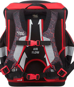 Das School-Mood Timeless Schulranzen-Set 7-teilig "Mika" von School-Mood kommt in Rot und Schwarz mit Drachenmotiv, gepolsterten Trägern, Schnallen und "Air Flow"-Aufdruck auf der Rückseite.