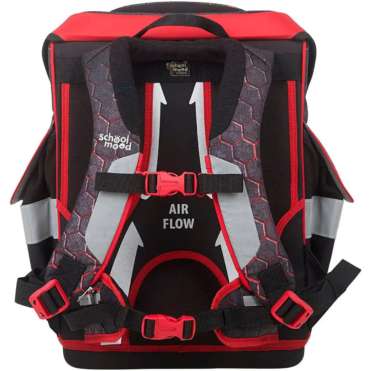 Das School-Mood Timeless Schulranzen-Set 7-teilig "Mika" von School-Mood kommt in Rot und Schwarz mit Drachenmotiv, gepolsterten Trägern, Schnallen und "Air Flow"-Aufdruck auf der Rückseite.