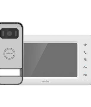 Die Avidsen 112290 Elia Farbvideosprechanlage in Grau und ihr weißer Innenmonitor, beide von Avidsen, sind vor einem weißen Hintergrund abgebildet. Diese moderne Anlage bietet eine einfache Zugangskontrolle für Ihr Zuhause.