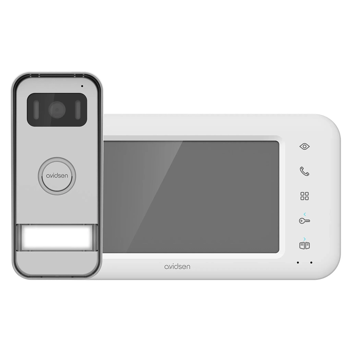 Die Avidsen 112290 Elia Farbvideosprechanlage in Grau und ihr weißer Innenmonitor, beide von Avidsen, sind vor einem weißen Hintergrund abgebildet. Diese moderne Anlage bietet eine einfache Zugangskontrolle für Ihr Zuhause.
