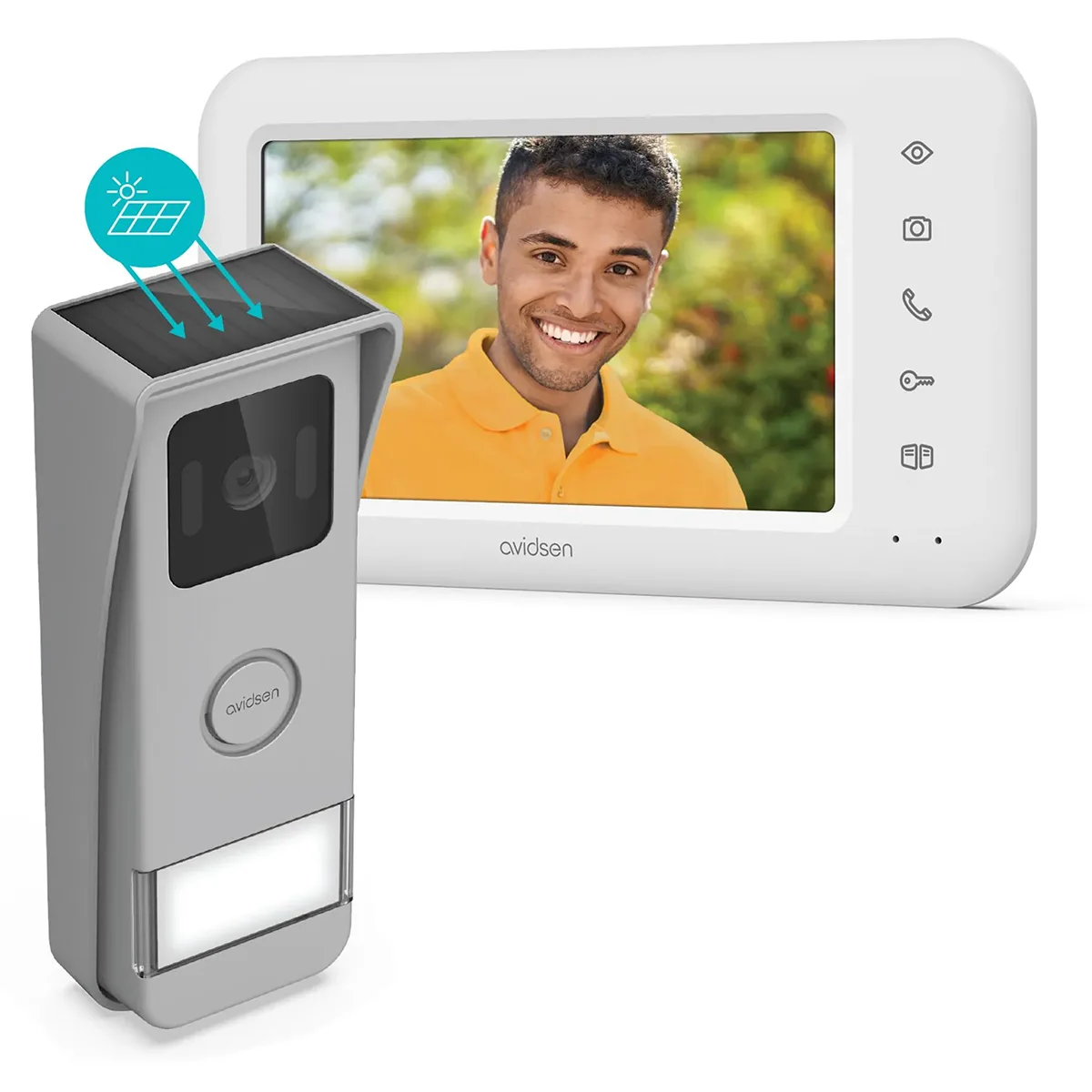 Ausgestattet mit einem Solarpanel, einer Kamera und einem Touchscreen-Monitor, auf dem ein lächelnder Mann zu sehen ist, bietet die „Avidsen Elia Solar Wave Video-Türsprechanlage – silber“ von Avidsen eine kabellose Zugangskontrolle für eine bequeme und sichere Zutrittsverwaltung.