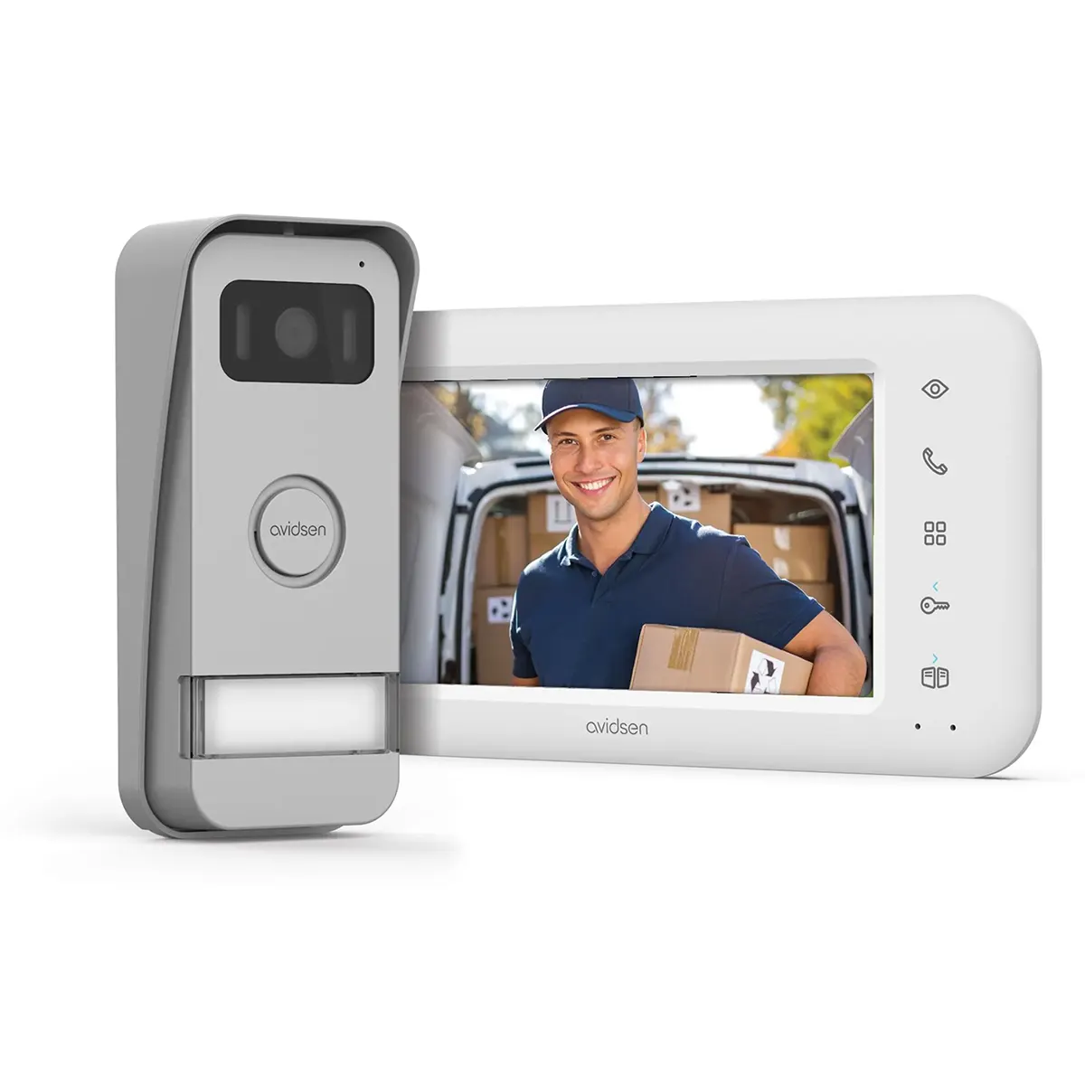 Die Avidsen Elia Smart 2 Video-Türsprechanlage in Silber von Avidsen zeigt auf dem Bildschirm einen Zusteller mit einem Paket vor einem Lieferwagen. Dank der App-Steuerung haben Sie jederzeit und überall Zugriff auf Ihre Eingangskamera – ideal geeignet für die moderne 2-Draht-Installation.