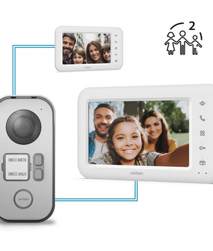 Das Avidsen Élia 2 Familien-Video-Türsprechanlagensystem in Silber mit Kamera und 7-Zoll-Farbmonitor zeigt eine Familie; ein Symbol steht für die Zugangskontrolle für zwei Familien.