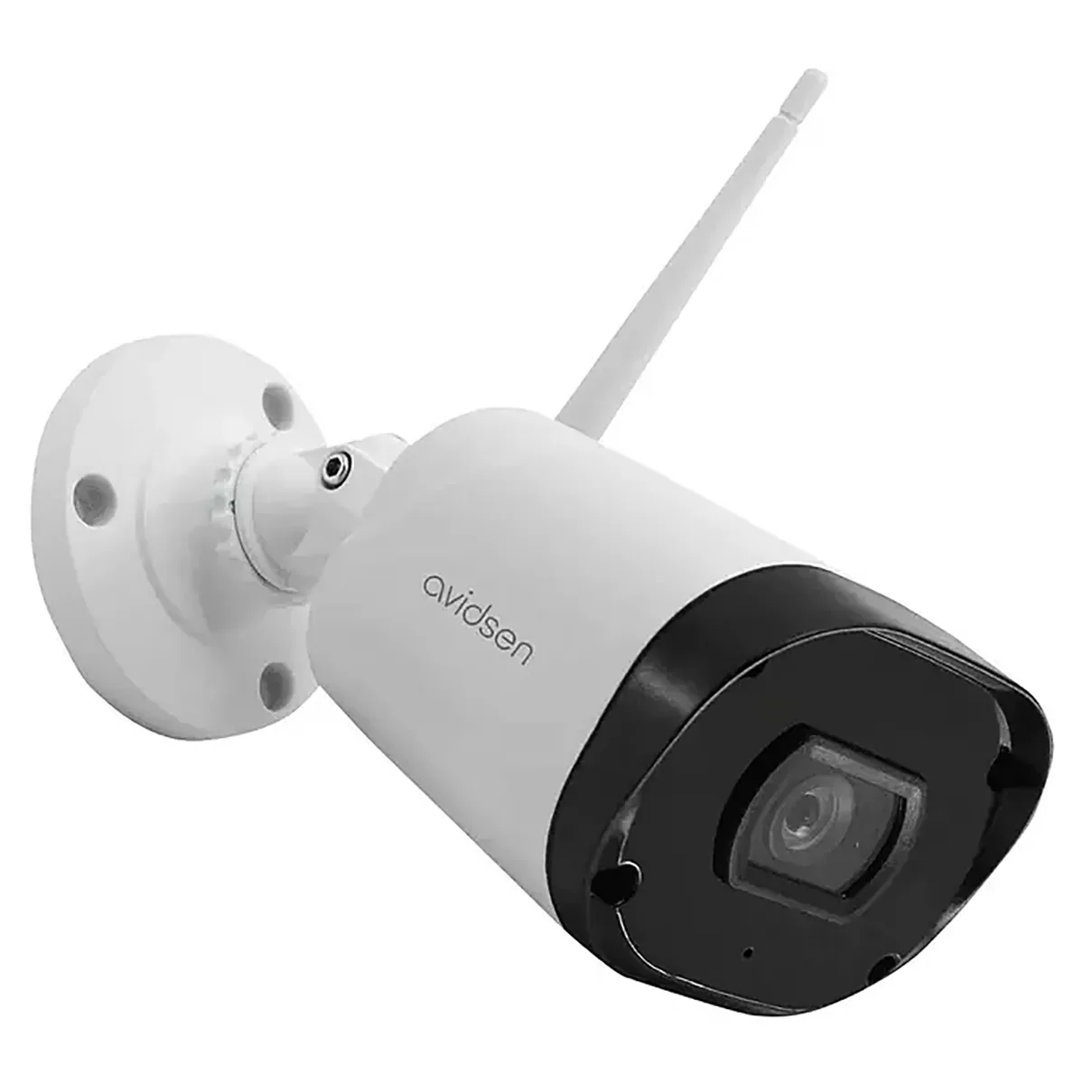 Weiße Avidsen 127052 WLAN-IP-Kamera mit Antenne, an einer Wandhalterung montiert und mit schwarzem Objektivgehäuse, zuverlässige Nachtsicht.