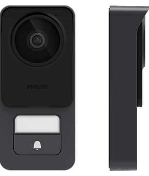 Vorder- und Seitenansicht der Philips WelcomeEye Lite 2 Video-Türsprechanlage in Schwarz mit Kamera, Klingeltaste und integriertem RFID-Lesegerät – ein modernes Video-Türsprechanlagensystem von Philips.