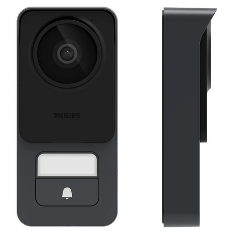 Vorder- und Seitenansicht der Philips WelcomeEye Lite 2 Video-Türsprechanlage in Schwarz mit Kamera, Klingeltaste und integriertem RFID-Lesegerät – ein modernes Video-Türsprechanlagensystem von Philips.