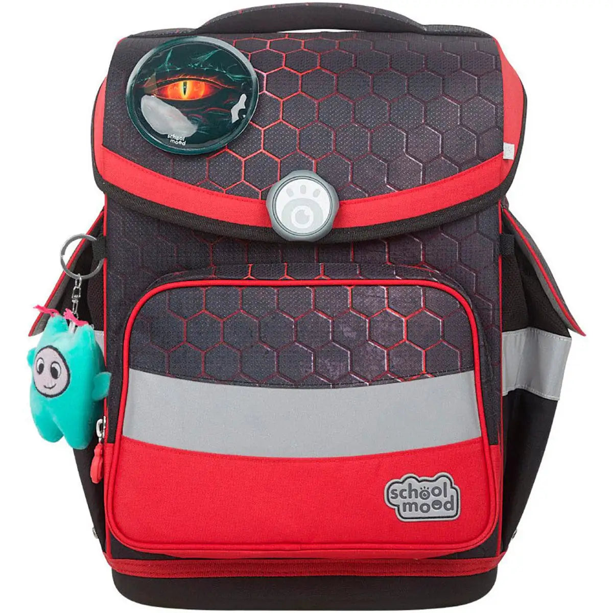 Das School-Mood Timeless Schulranzen-Set 7-teilig "Mika" zeichnet sich durch ein rot-schwarzes Sechseck-Design, einen Monsteraugen-Pin, einen türkisfarbenen Plüsch-Schlüsselanhänger und eine ergonomische Formgebung aus - ideal für Fans des Drachenmotiv-Stils.