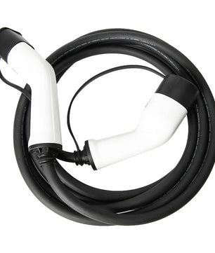 Norauto E-Ladekabel Typ 2, 32 A, dreiphasig, 22 kW, 5 Meter: Aufgewickeltes schwarzes EV-Ladekabel mit weißen und schwarzen Steckern an jedem Ende.