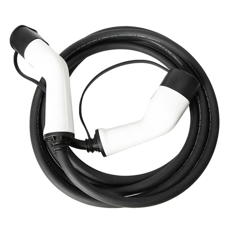 Norauto E-Ladekabel Typ 2, 32 A, dreiphasig, 22 kW, 5 Meter: Aufgewickeltes schwarzes EV-Ladekabel mit weißen und schwarzen Steckern an jedem Ende.