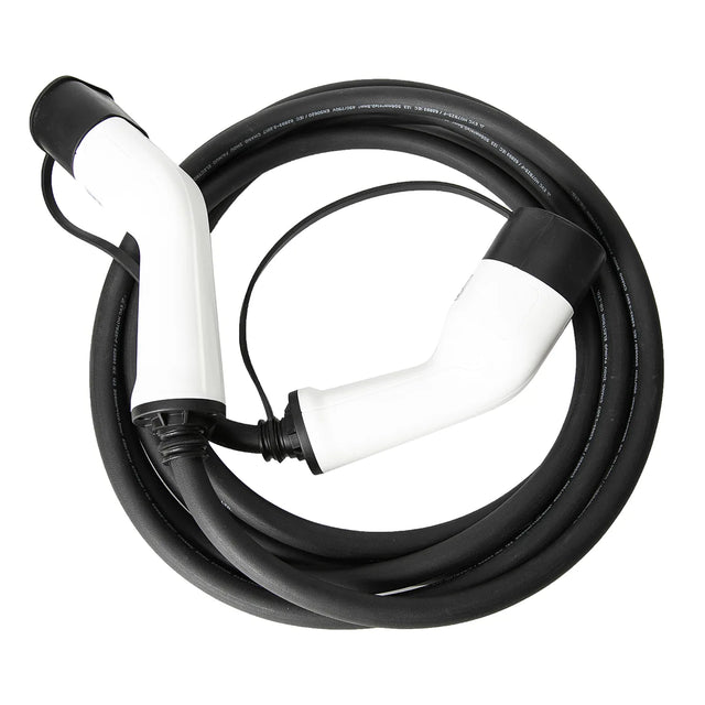 Norauto E-Ladekabel Typ 2, 32 A, dreiphasig, 22 kW, 5 Meter: Aufgewickeltes schwarzes EV-Ladekabel mit weißen und schwarzen Steckern an jedem Ende.