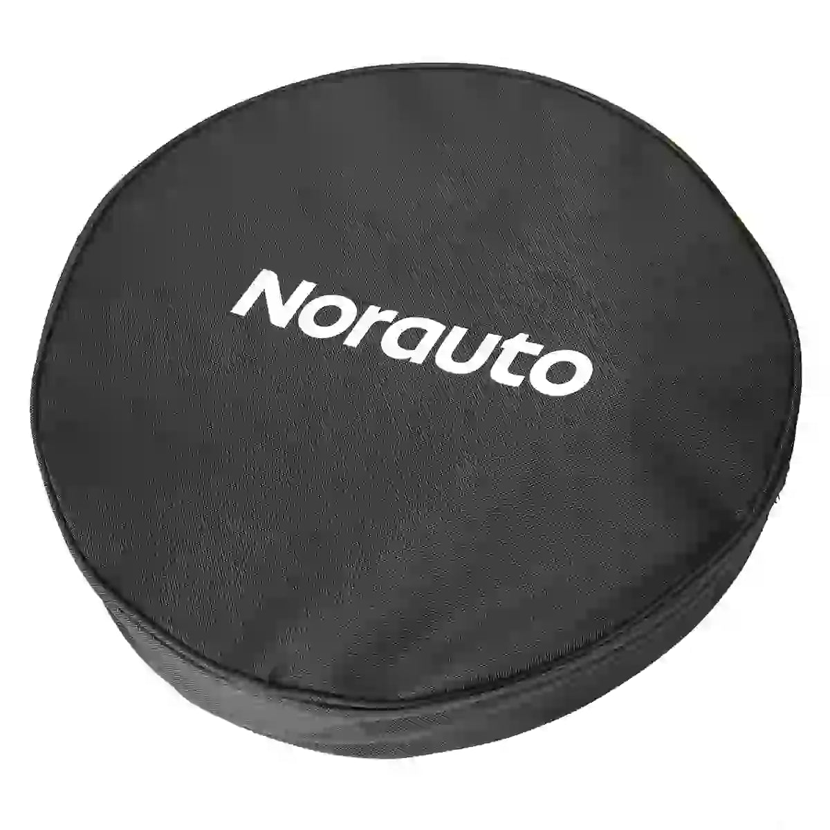 Runder schwarzer Deckel oder Tasche mit Norauto-Logo, von oben gesehen, mit weißer Schrift - ideal zur Aufbewahrung Ihres Norauto E-Ladekabels Typ 2, 32 A, dreiphasig, 22 kW, 5 Meter.