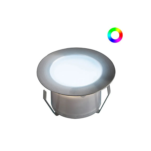 Owlia Lights SOFIA Terrassenbeleuchtung LED - Silber von Owlia Lights, mit silbernem Rahmen und Farbradsymbol, ist perfekt als LED Einbauspot Set für stilvolle Außenbeleuchtung oder lebendige RGB Terrassenbeleuchtung.
