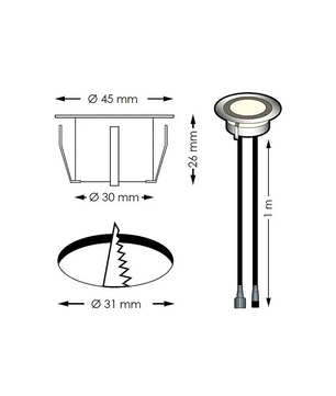 Technische Zeichnung von Owlia Lights SOFIA Terrassenbeleuchtung LED - Silber, ein runder Einbauspot für Außenbeleuchtung von Owlia Lights; Abmessungen: 45mm Durchmesser, 26mm Höhe, 31mm Aussparung.