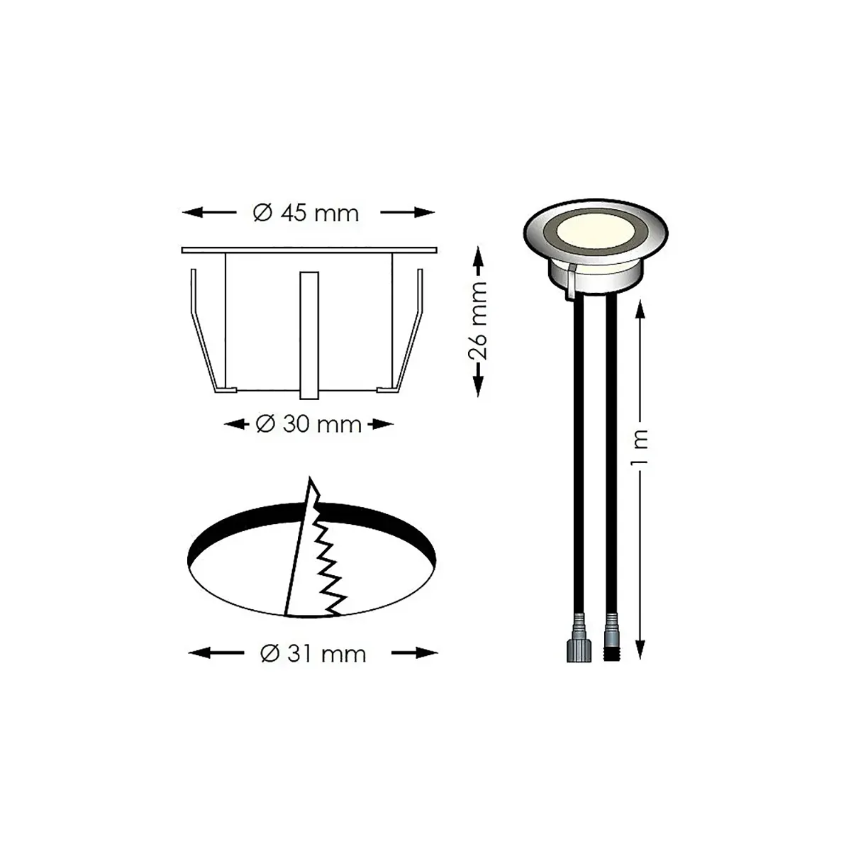 Technische Zeichnung von Owlia Lights SOFIA Terrassenbeleuchtung LED - Silber, ein runder Einbauspot für Außenbeleuchtung von Owlia Lights; Abmessungen: 45mm Durchmesser, 26mm Höhe, 31mm Aussparung.