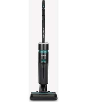 Der H.Koenig Multifunktions-Dampfstaubsauger 3in1 ARYA900 von H.Koenig hat einen dunklen Korpus mit tealfarbenen Akzenten und steht aufrecht vor einem weißen Hintergrund.