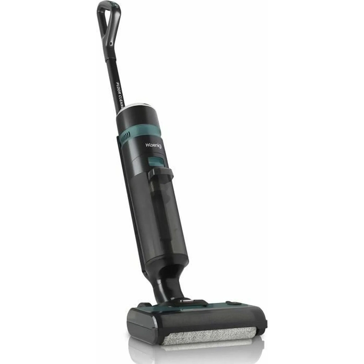 Der H.Koenig Multifunktions-Dampfstaubsauger 3in1 ARYA900 in schlichtem Schwarz und Grün ist ein moderner kabelloser Nass- und Trockensauger von H.Koenig auf weißem Hintergrund.