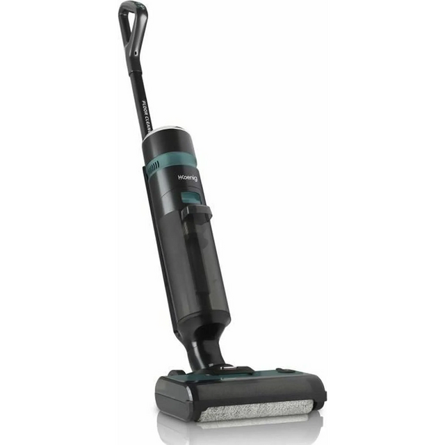 Der H.Koenig Multifunktions-Dampfstaubsauger 3in1 ARYA900 in schlichtem Schwarz und Grün ist ein moderner kabelloser Nass- und Trockensauger von H.Koenig auf weißem Hintergrund.