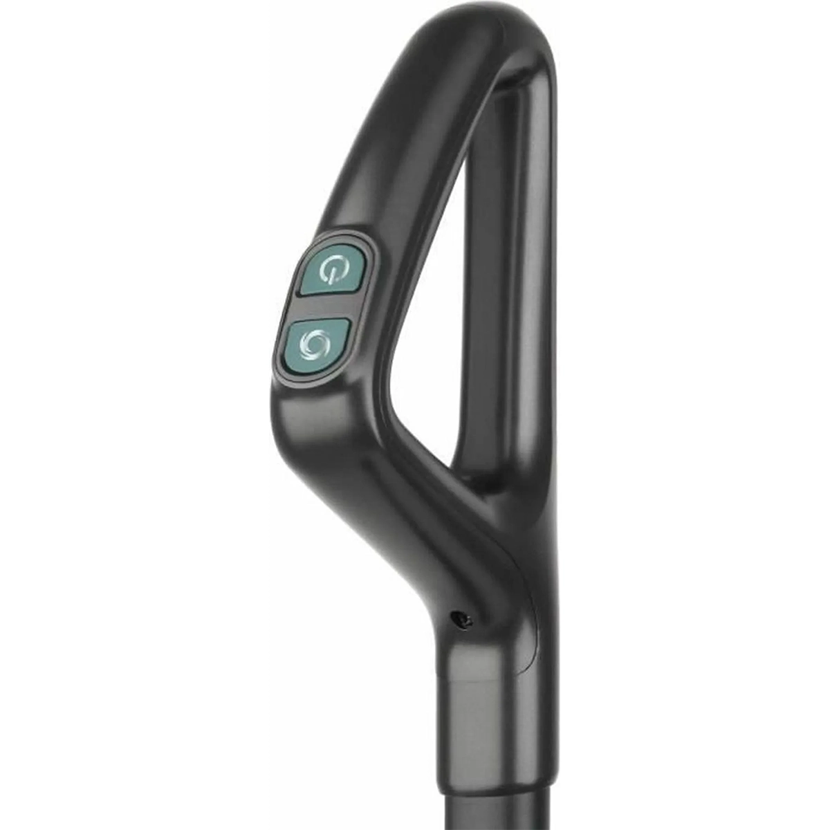 Nahaufnahme des schwarzen Griffs des H.Koenig Multifunktions-Dampfstaubsaugers 3in1 ARYA900, der zwei grüne Tasten aufweist - eine mit einem Stromsymbol, die andere mit einem kreisförmigen Pfeil.