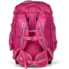 Der ergobag Ergobag Maxi Schulrucksack-Set 6tlg SternzauBär ist ein leuchtend pinker Schulrucksack für Kinder mit grauen Sternenmotiven und gepolsterten, verstellbaren Schultergurten.