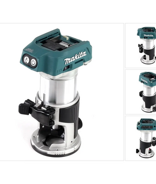 Makita DRT50Z Oberfräse – blau, eine kompakte Akku-Oberfräse von Makita, aus verschiedenen Blickwinkeln vor weißem Hintergrund abgebildet.