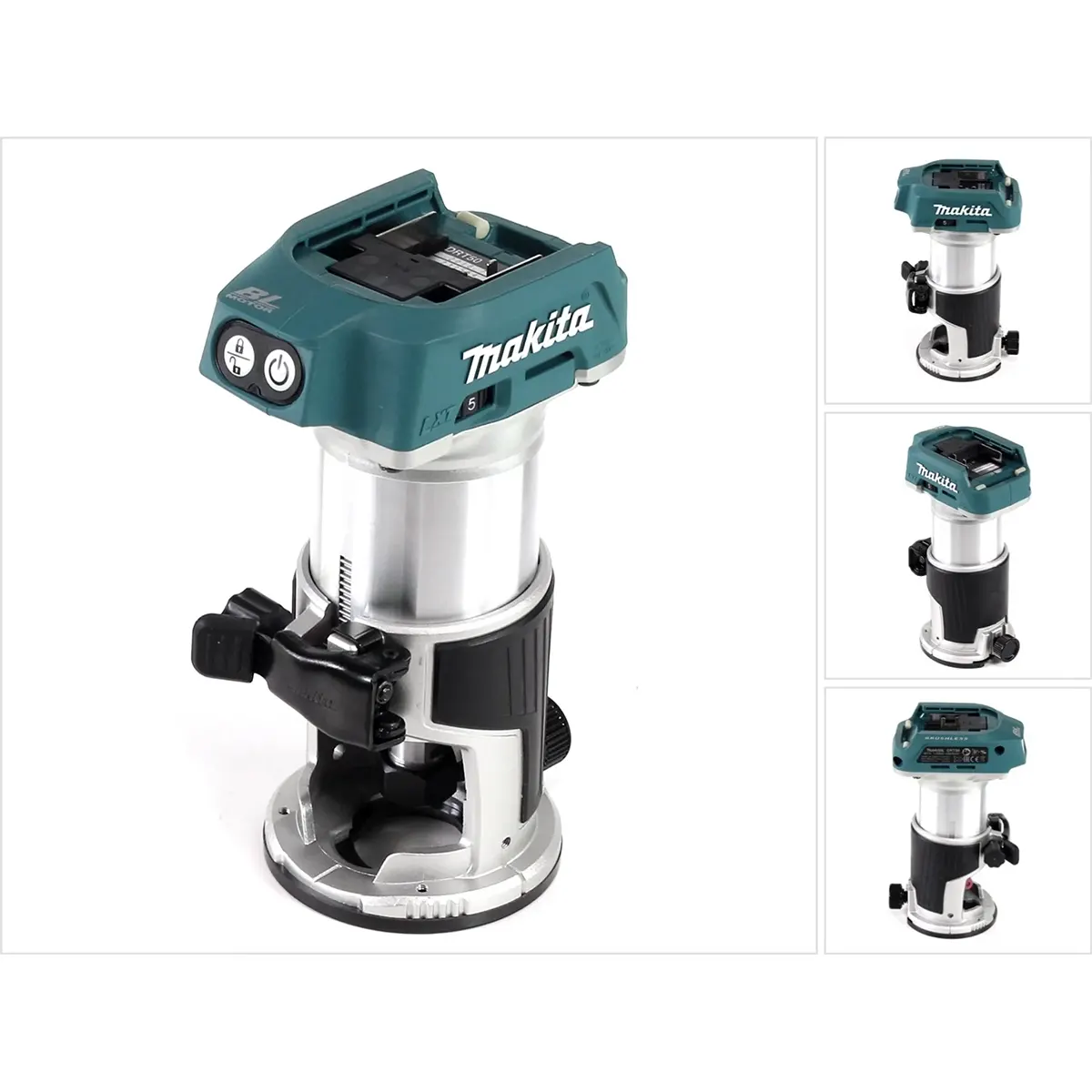 Makita DRT50Z Oberfräse – blau, eine kompakte Akku-Oberfräse von Makita, aus verschiedenen Blickwinkeln vor weißem Hintergrund abgebildet.