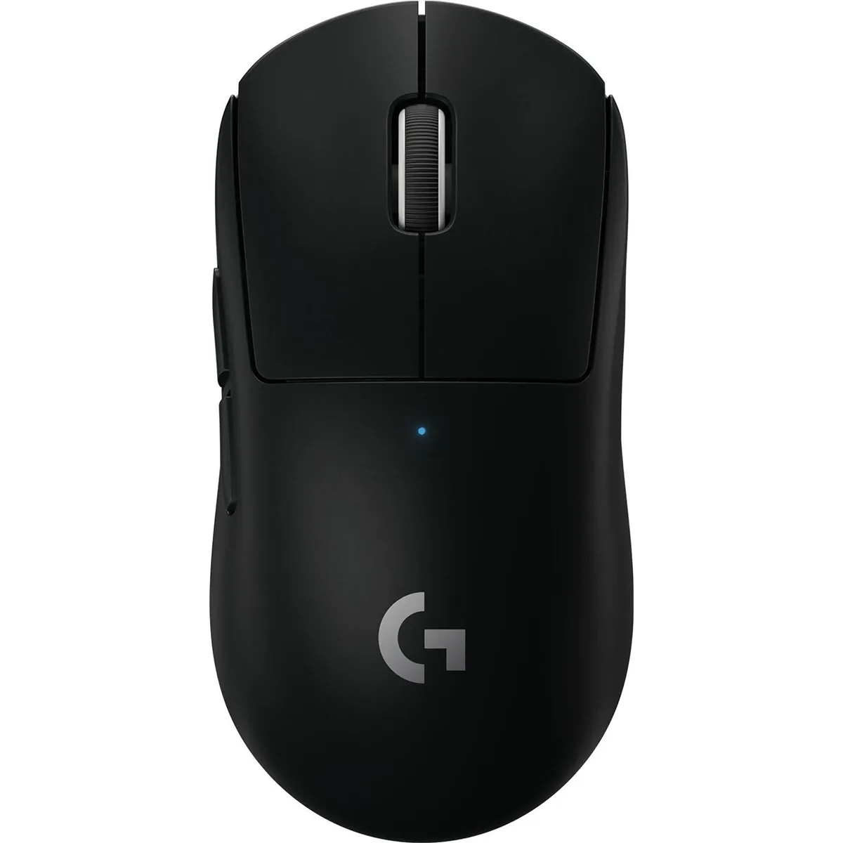 Schwarze Logitech PRO X SUPERLIGHT Wireless Gaming Mouse von Logitech, mit Scrollrad, blauer Anzeige oben und HERO 25K-Sensor für ultrapräzise Genauigkeit.
