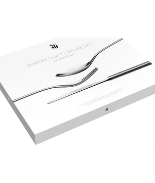 Eine weiße WMF Box mit Löffel- und Gabelbildern auf dem Deckel, ideal für alle, die das WMF Verona Besteck-Set, 60-teilig von WMF suchen.