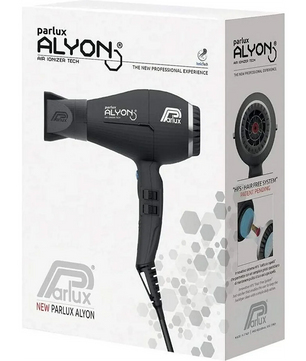 Der Parlux Alyon Ionic Haartrockner Schwarz von Parlux wird neben seiner weißen Verkaufsverpackung mit Produktaufdruck und Bildern präsentiert.