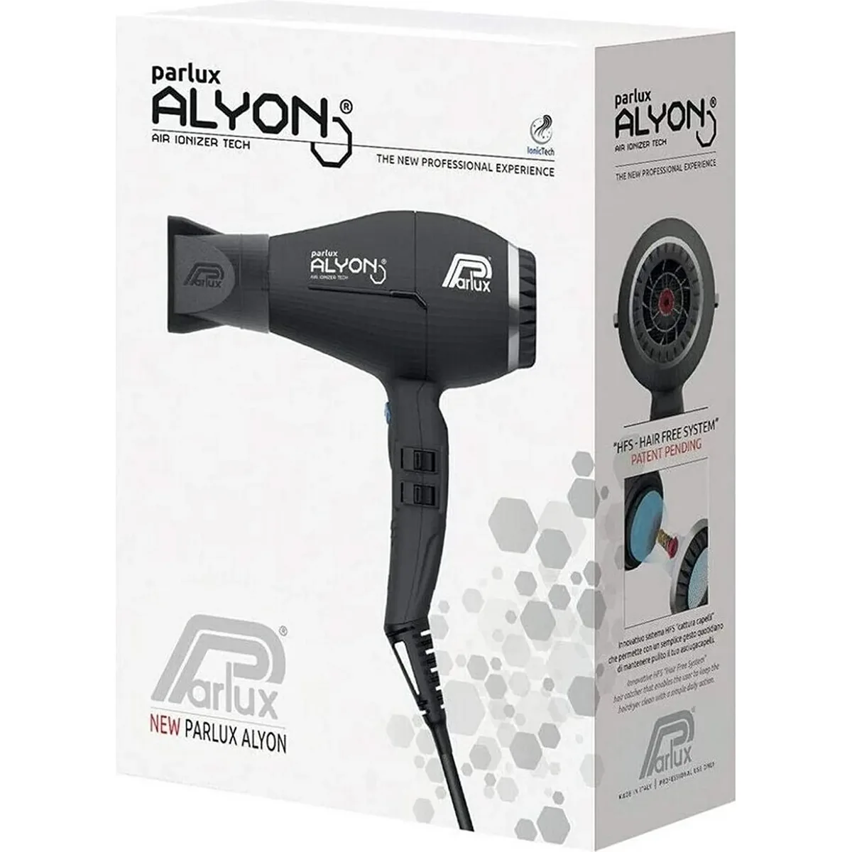 Der Parlux Alyon Ionic Haartrockner Schwarz von Parlux wird neben seiner weißen Verkaufsverpackung mit Produktaufdruck und Bildern präsentiert.