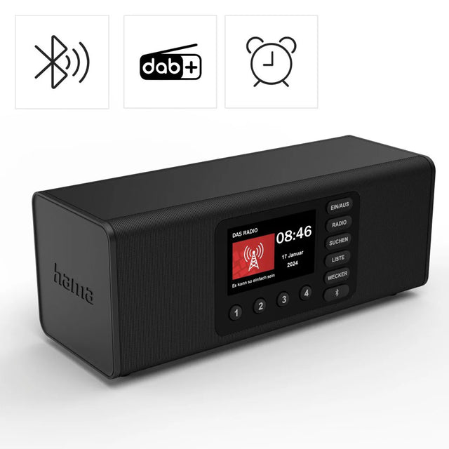 Das Hama Digitalradio "DR2002BT" ist ein elegantes schwarzes Radio mit einem Bildschirm, Tasten und Symbolen für Bluetooth, DAB+ Digitalradio und Alarmfunktionen, die oben angezeigt werden.