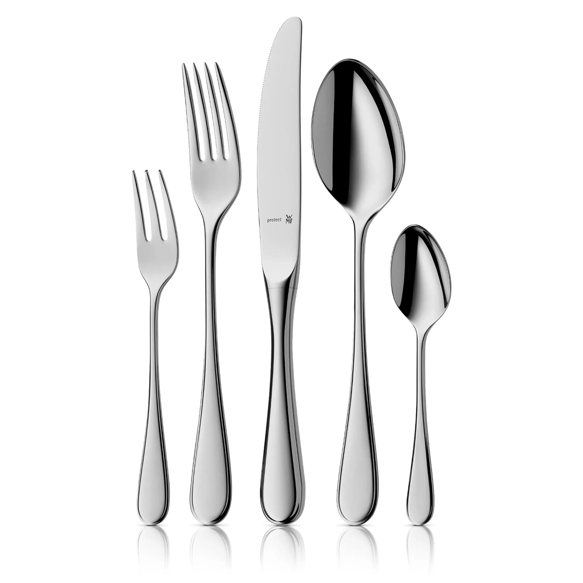 Das WMF Kent Plus Besteck-Set – silber von WMF umfasst fünf glänzende Besteckteile aus Cromargan-Edelstahl: zwei Gabeln, ein Messer, einen Esslöffel und einen Teelöffel.