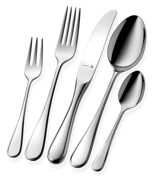 Das WMF Kent Plus Besteck-Set – Silber umfasst 5 elegante Teile aus Cromargan-Edelstahl: Gabel, Messer, Löffel, Dessertgabel und kleinen Löffel der Marke WMF.