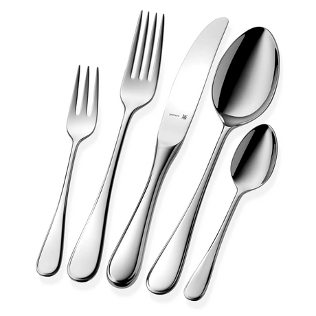 Das WMF Kent Plus Besteck-Set – Silber umfasst 5 elegante Teile aus Cromargan-Edelstahl: Gabel, Messer, Löffel, Dessertgabel und kleinen Löffel der Marke WMF.