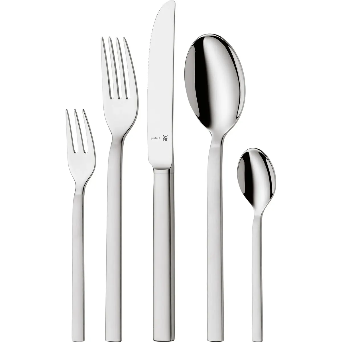 Fünf Teile des WMF Lyric Plus Besteck-Sets – Silber: Dessertgabel, Essgabel, Messer, Suppenlöffel und Teelöffel – aus Cromargan Protect-Edelstahl gefertigt und aufrecht präsentiert.