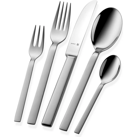 Das WMF Lyric Plus Besteck-Set – Silber umfasst fünf Teile: Dessertgabel, Tafelgabel, Messer, Suppenlöffel und Teelöffel.