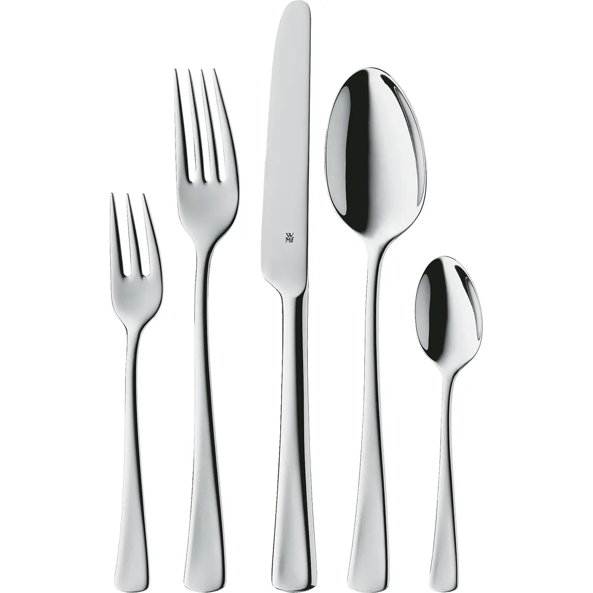 Fünf glänzende Besteckteile - Dessertgabel, Tafelgabel, Messer, Suppenlöffel und Teelöffel - aus dem WMF Denver Besteck-Set 60-teilig aus Cromargan-Edelstahl.