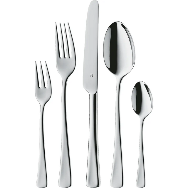 Fünf glänzende Besteckteile - Dessertgabel, Tafelgabel, Messer, Suppenlöffel und Teelöffel - aus dem WMF Denver Besteck-Set 60-teilig aus Cromargan-Edelstahl.