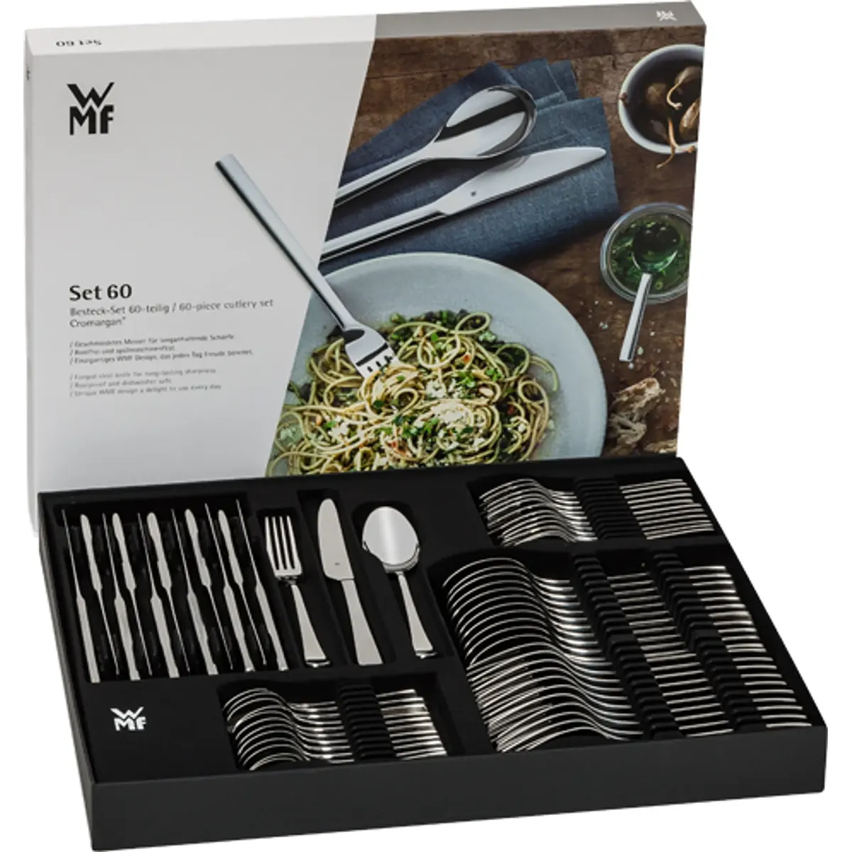 Das 60-teilige WMF Denver Besteck-Set aus hochwertigem Cromargan Edelstahl wird von WMF in einer schwarzen und übersichtlichen Box präsentiert.