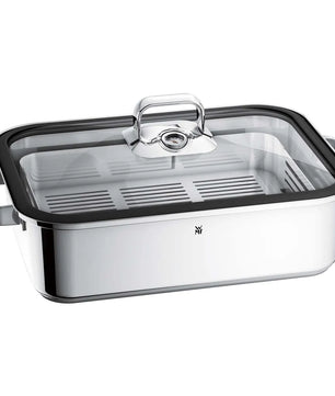 Der WMF Dampfgartopf Vitalis ist ein rechteckiger Bratentopf mit Griffen, Glasdeckel, Dampfabzug und Thermometer - ideal zum schonenden Dämpfen.